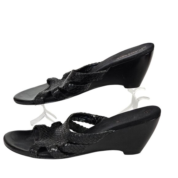 Womens 8.5 Black Leather Open Toe Chunky Heel Slip-on Work Business Casual Comfy - Picture 2 of 15